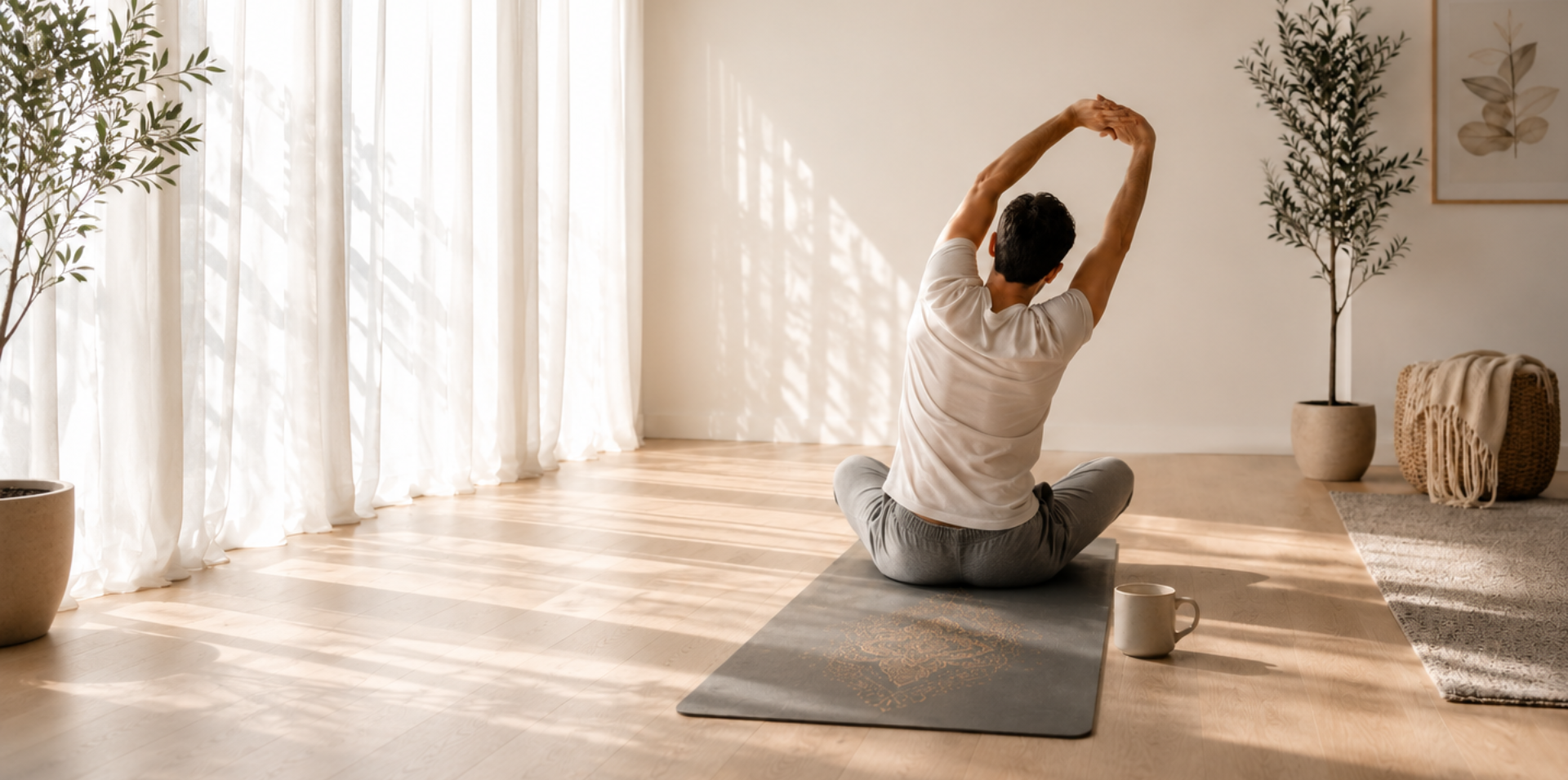 Man stretching on a yoga mat in a bright, minimalist home, illustrating how everyday environments and routines influence lasting behavior change.