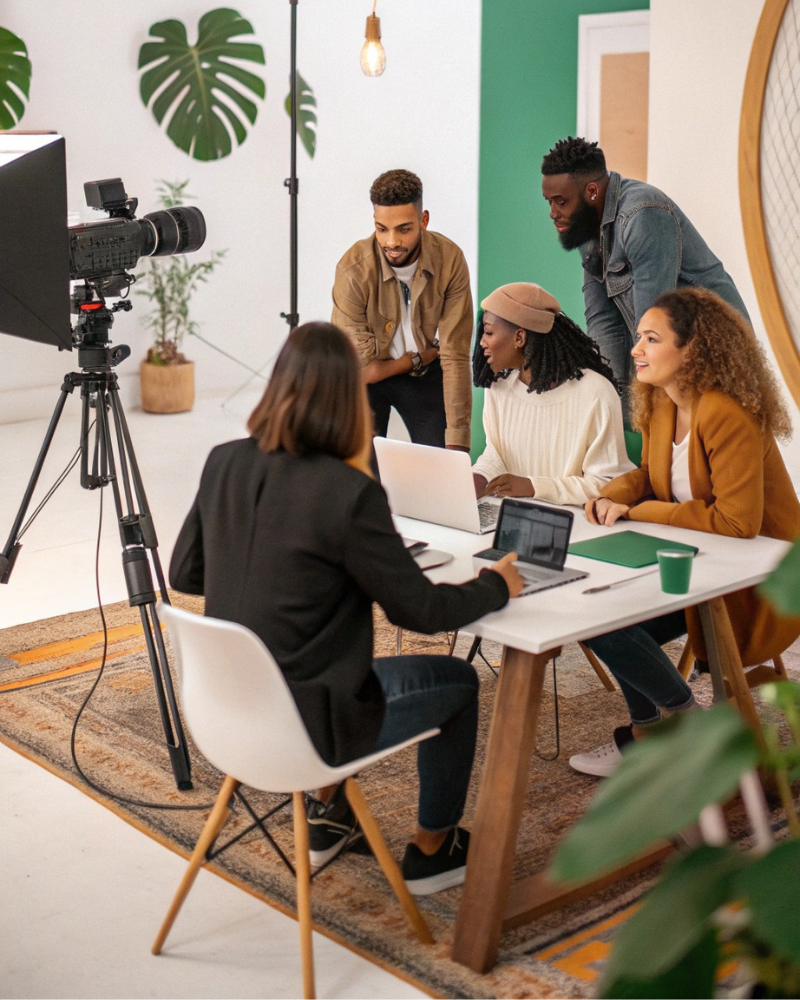 A diverse team gathers around a table reviewing ideas on laptops during a collaborative working session, with a camera set up nearby.