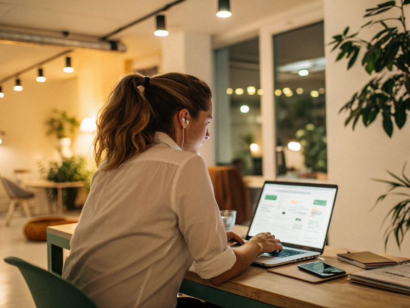 A person works at a laptop in a softly lit studio space, surrounded by plants and notebooks.