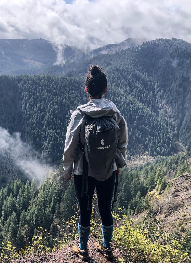 A person stands on a mountain overlook, facing a wide forested valley and distant peaks.