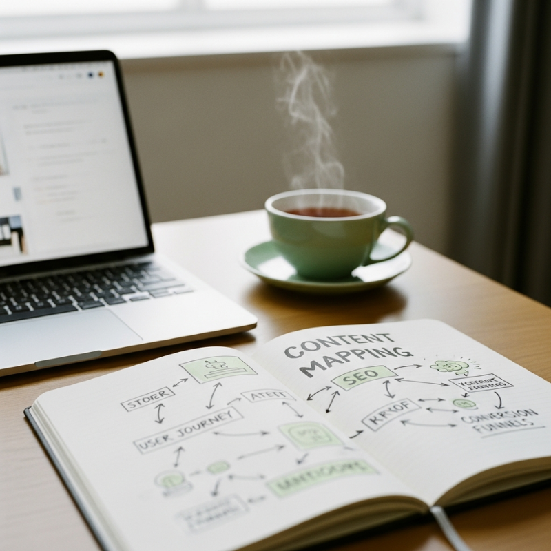 An open notebook with a hand-drawn content mapping and SEO diagram sits on a desk beside a laptop and a steaming cup of tea.