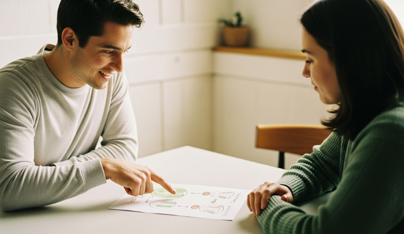 Two people sit at a table reviewing a simple visual framework together, one person pointing as they discuss next steps.