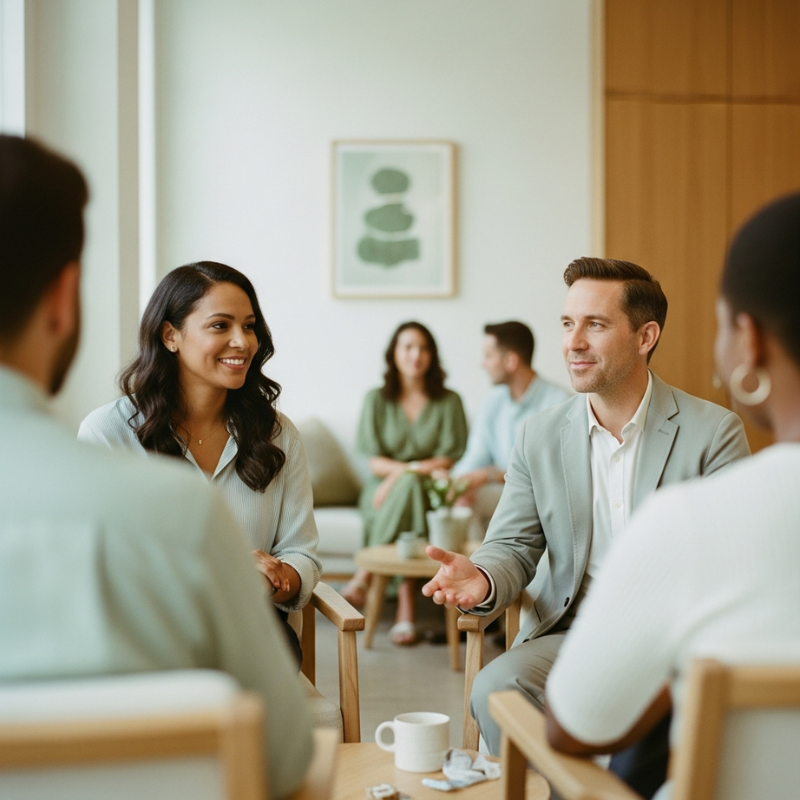 A small group of people sit in a bright, modern room, engaged in a thoughtful conversation during a collaborative meeting.