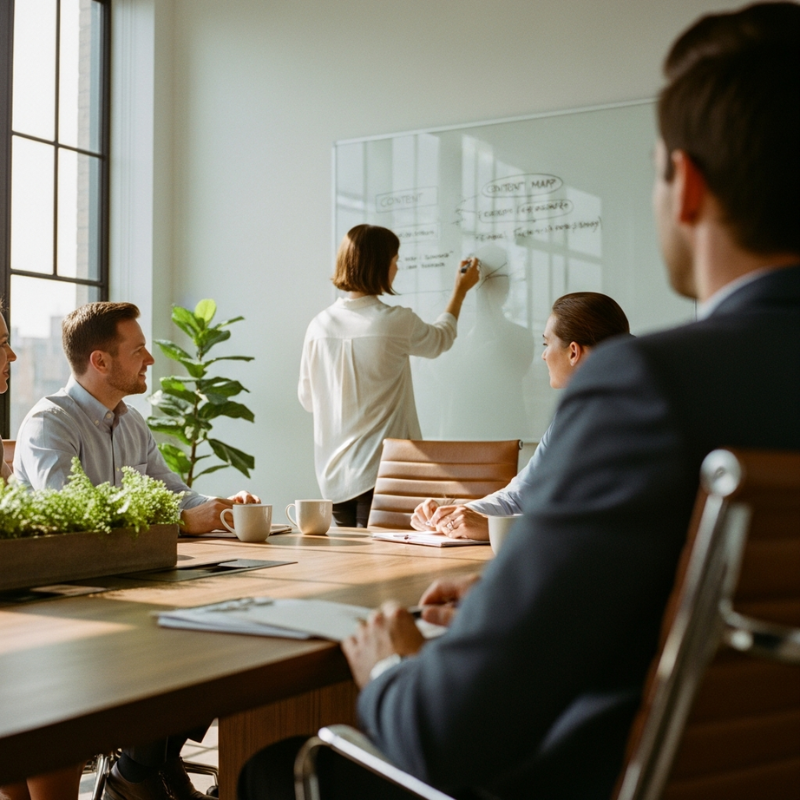 A team gathers in a sunlit conference room as one person writes strategy notes on a glass whiteboard while others listen.