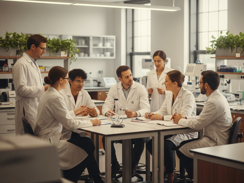 A diverse group of healthcare professionals in lab coats meet around a table in a modern laboratory, discussing research and data.
