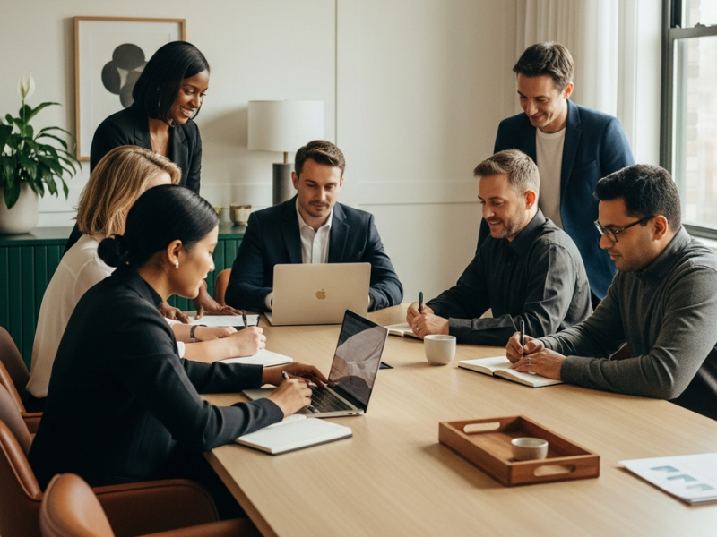 A group of professionals gathers around a conference table, reviewing notes and laptops during a focused strategy meeting.