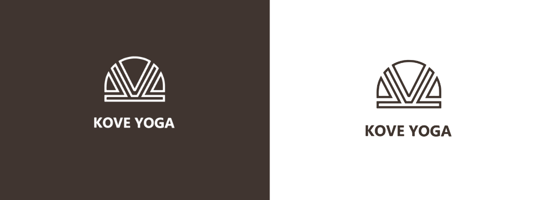 Kove Yoga logo shown in two variations, featuring a minimalist geometric emblem above the words “Kove Yoga” on dark and light backgrounds.