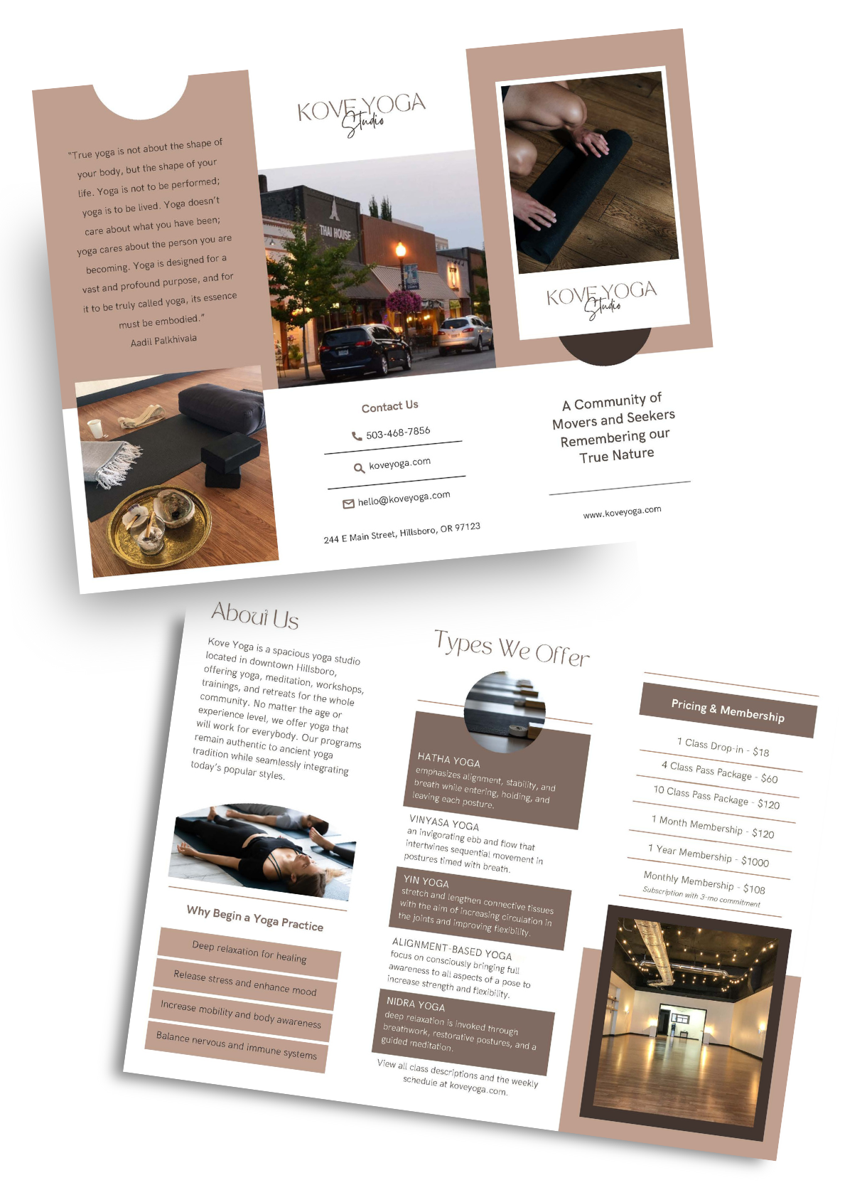 Kove Yoga printed marketing materials featuring class offerings, pricing, studio imagery, and brand design elements.