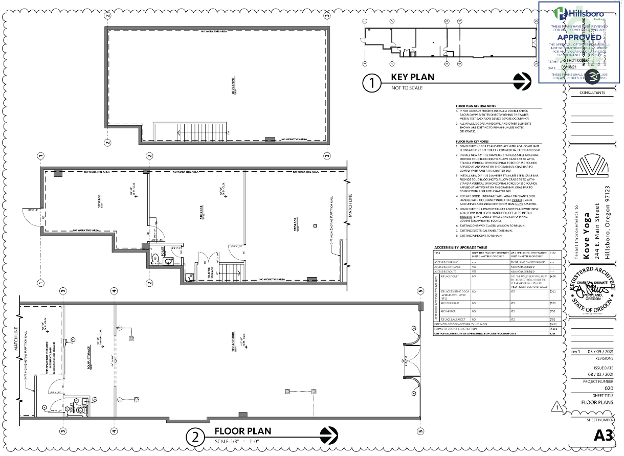 Architectural floor plans for Kove Yoga studio renovation and layout.