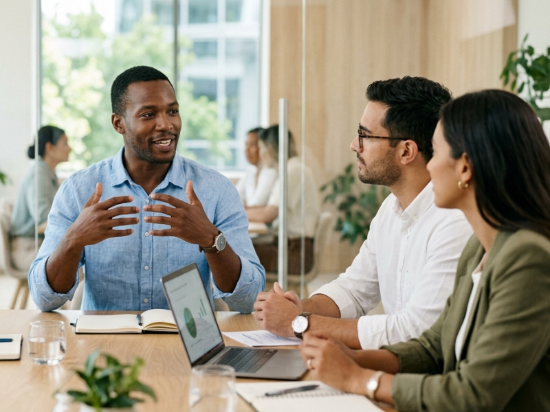 Three professionals in a modern office meeting, one speaking and gesturing while two others listen, with a laptop and notes on the table.
