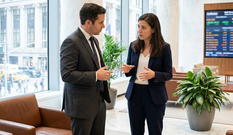 Two business professionals in suits standing in a modern office lobby, engaged in a conversation with one gesturing while the other listens.