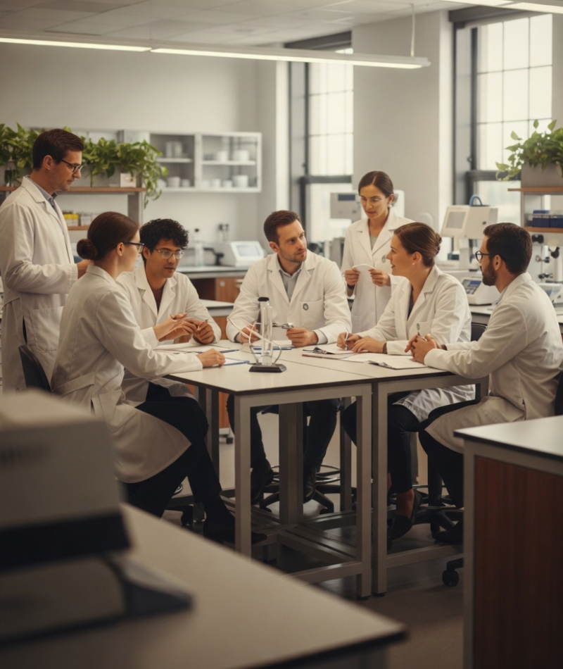 A diverse group of healthcare professionals in lab coats meet around a table in a modern laboratory, discussing research and data.