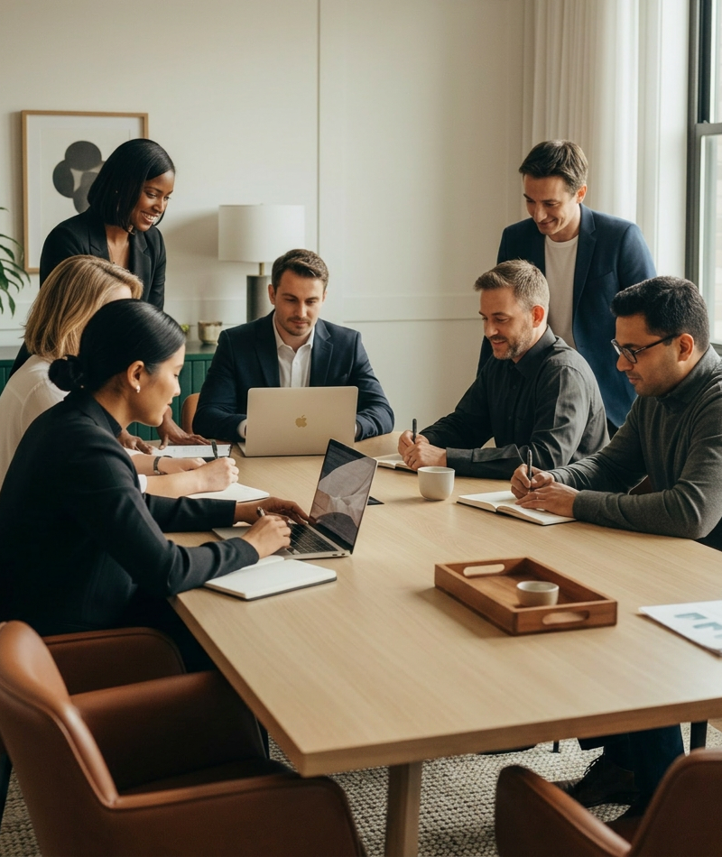 A group of professionals gathers around a conference table, reviewing notes and laptops during a focused strategy meeting.