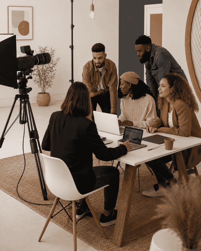 A diverse team gathers around a table reviewing ideas on laptops during a collaborative working session, with a camera set up nearby.