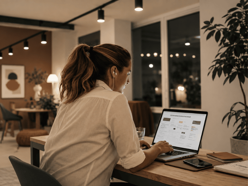 A person works at a laptop in a softly lit studio space, surrounded by plants and notebooks.