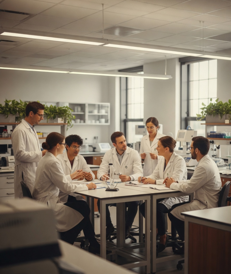A diverse group of healthcare professionals in lab coats meet around a table in a modern laboratory, discussing research and data.