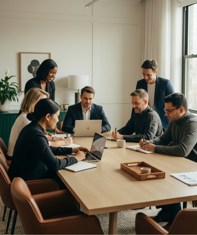 A group of professionals gathers around a conference table, reviewing notes and laptops during a focused strategy meeting.