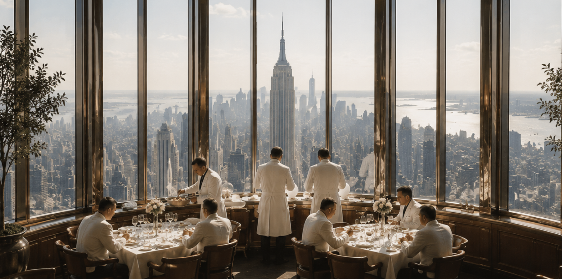 Elegant restaurant overlooking the New York City skyline, with diners enjoying a refined meal in a sophisticated setting that conveys aspiration, belonging, and shared identity.
